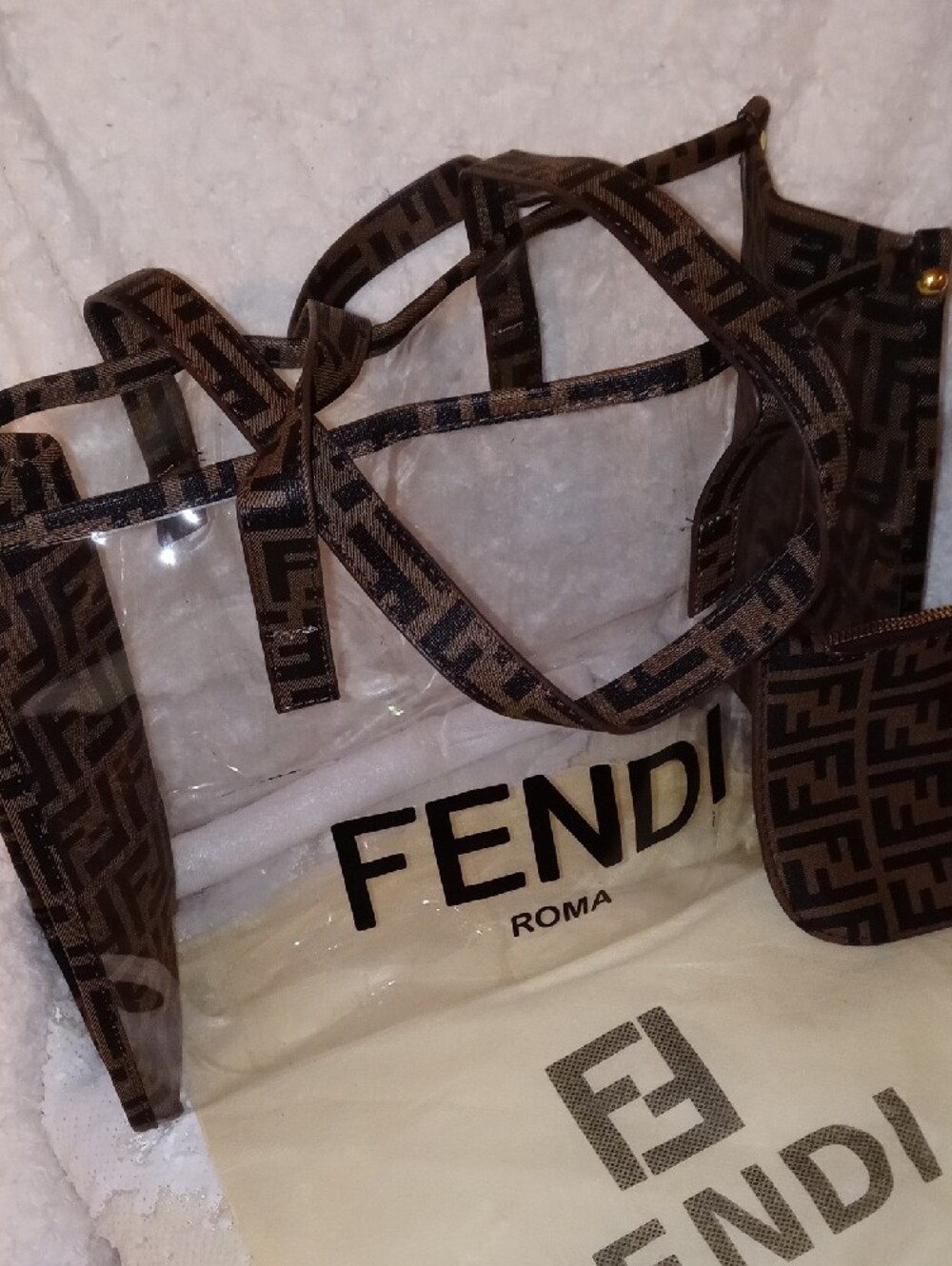 Fendi Clear Tote with Brown FF Monogram Trim and Matching Pouch - Picture 7 of 13